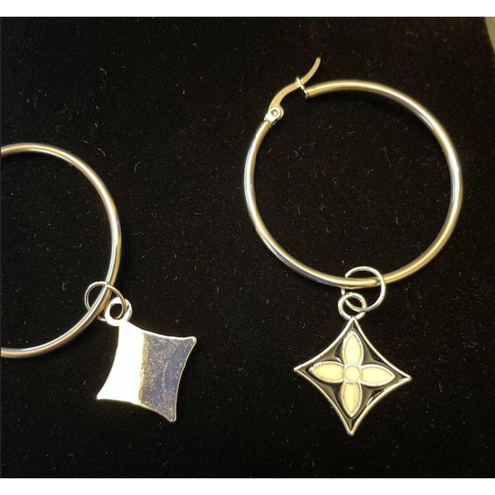 Silver Hoop Earrings with Black and White Flower Charms - Picture 2 of 4